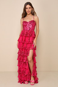 Shimmering Muse Magenta Sequin Tiered Lace-Up Maxi Dress