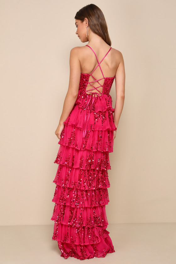 Lulus Shimmering Muse Magenta Sequin Tiered Lace-up Maxi Dress In Magenta