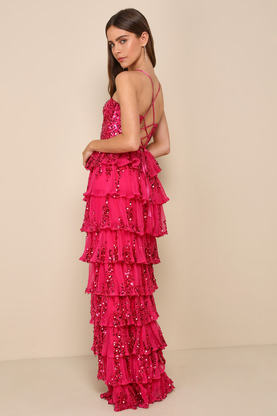 Lulus Shimmering Muse Magenta Sequin Tiered Lace-up Maxi Dress In Magenta
