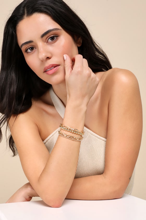 Lulus Glittering Impulse Gold Five-piece Chain Bracelet Set