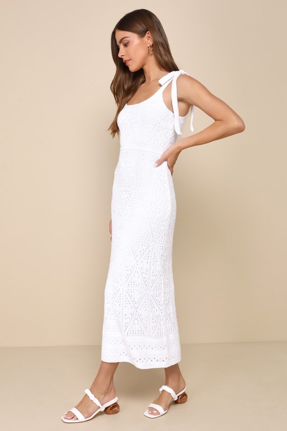 Adorable Darling White Crochet Tie-Strap Midi Dress 1
