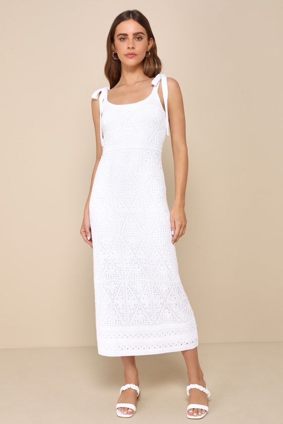 Lulus Adorable Darling White Crochet Tie-strap Midi Dress In White