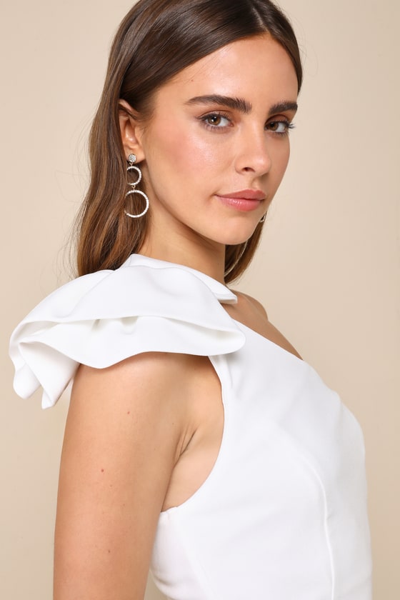 Lulus Unstoppable Stunner White Ruffled One-shoulder Mini Dress In White