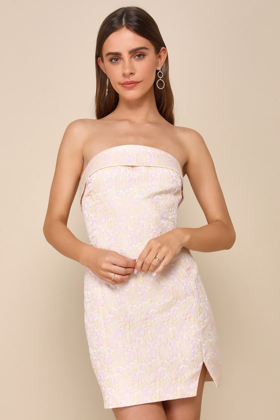 Lulus Delicate Destiny Yellow And Pink Jacquard Strapless Mini Dress