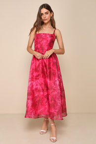 Darling Icon Dark Pink Floral Organza Lace-Up Midi Dress
