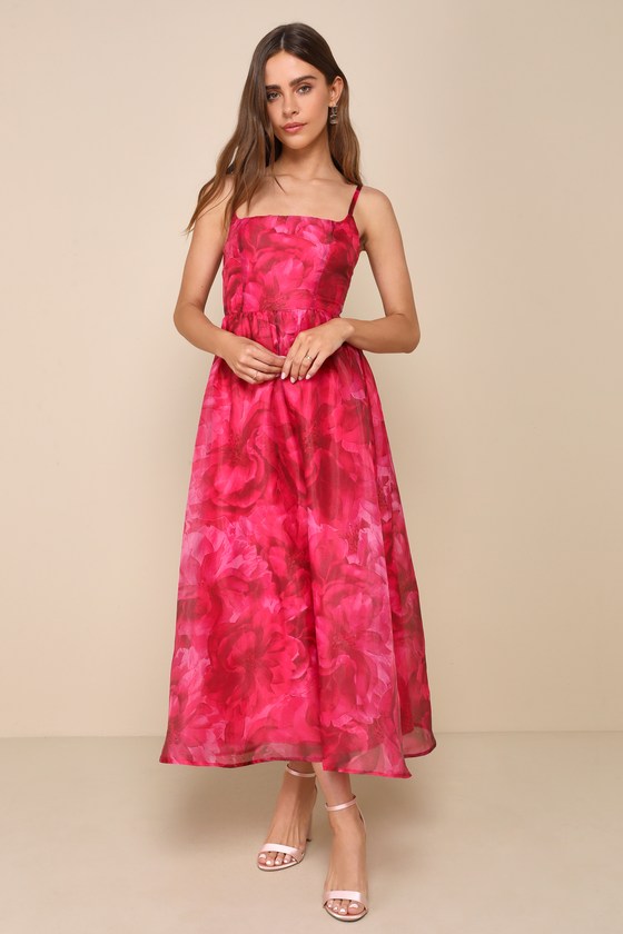 Darling Icon Dark Pink Floral Organza Lace-Up Midi Dress 1
