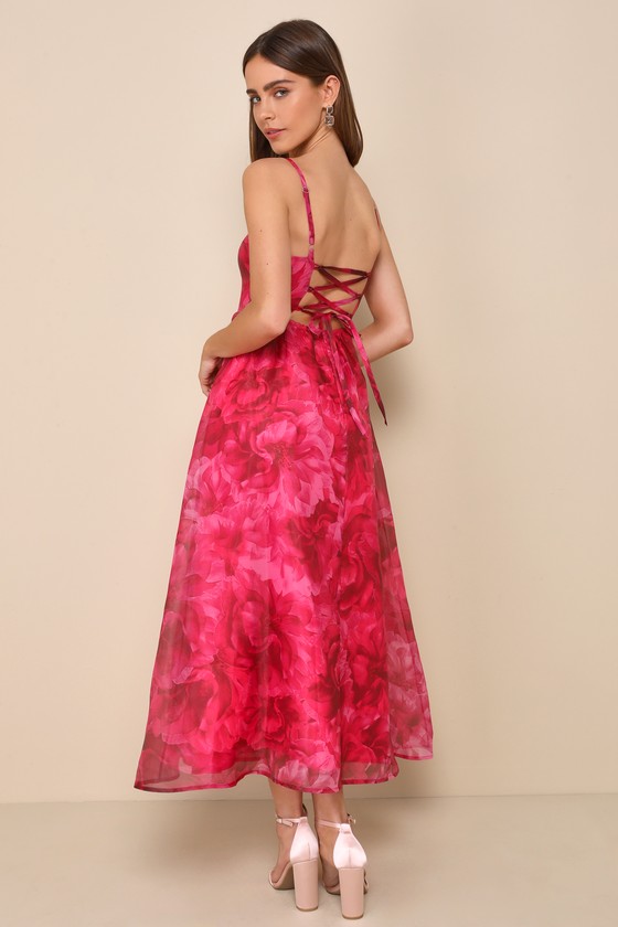 Dark Pink Floral Dress - Organza Midi Dress - Lace-Up Midi