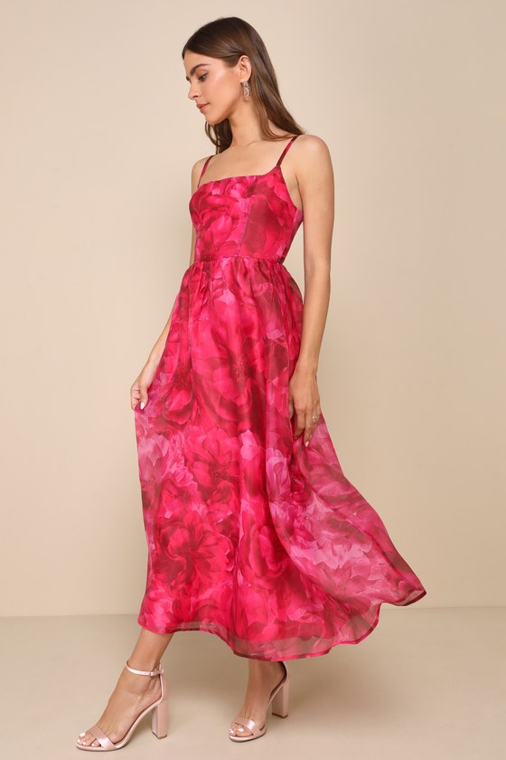 Lulus Darling Icon Dark Pink Floral Organza Lace-up Midi Dress In Pink
