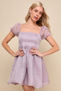 Sweetest Grace Shiny Lavender Organza Puff Sleeve Mini Dress