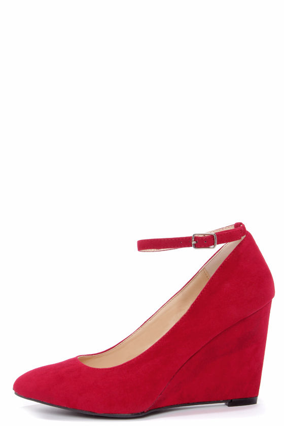 red wedges with ankle strap