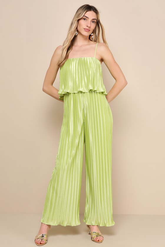 Shop Lulus Fun Flirt Lime Green Satin Plisse Sleeveless Jumpsuit