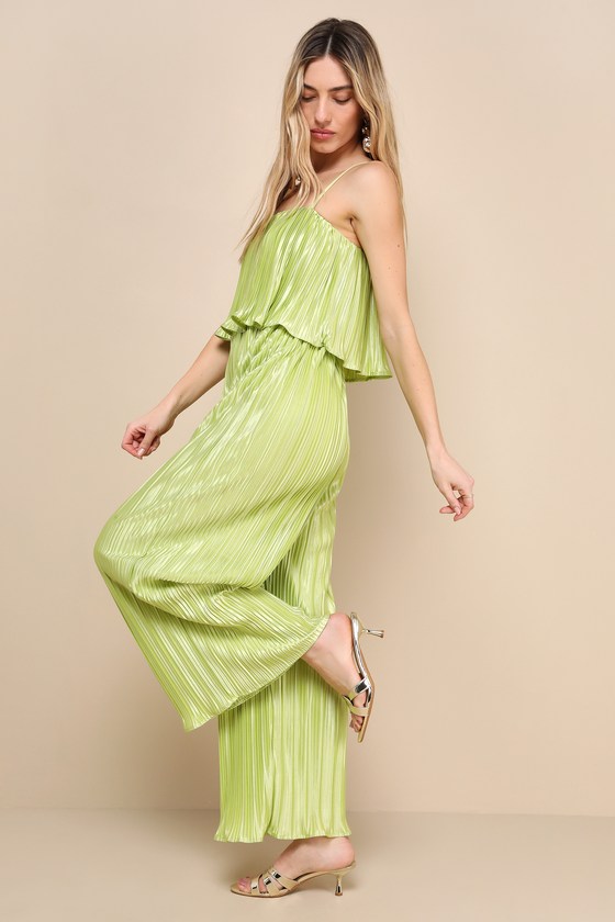 Fun Flirt Lime Green Satin Plisse Sleeveless Jumpsuit 3