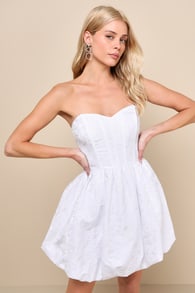 Angelic Allure White Jacquard Strapless Bubble-Hem Mini Dress