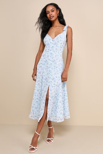 Charismatic Persona Light Blue Floral Tie-Strap Midi Dress 2