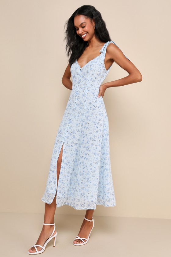 LULUS CHARISMATIC PERSONA LIGHT BLUE FLORAL TIE-STRAP MIDI DRESS
