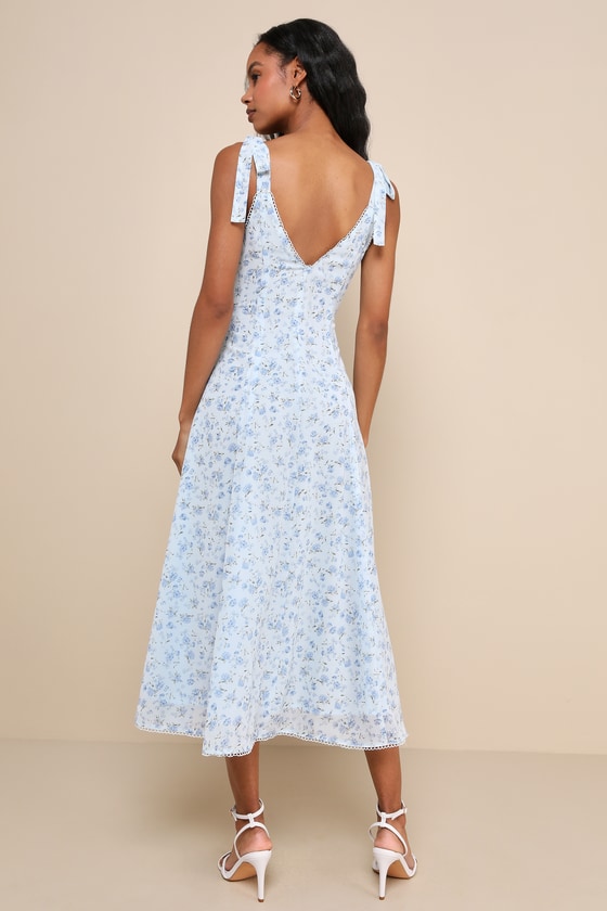 LULUS CHARISMATIC PERSONA LIGHT BLUE FLORAL TIE-STRAP MIDI DRESS