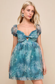 Delicate Favorite Teal Blue Floral Organza Babydoll Mini Dress