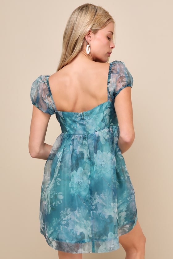 Shop Lulus Delicate Favorite Teal Blue Floral Organza Babydoll Mini Dress