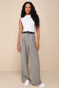 Executive Energy Olive Pinstriped High Rise Wide-Leg Pants