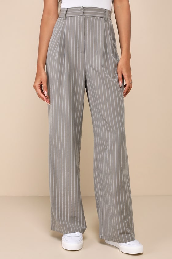 Shop Lulus Executive Energy Olive Pinstriped High Rise Wide-leg Pants In Green