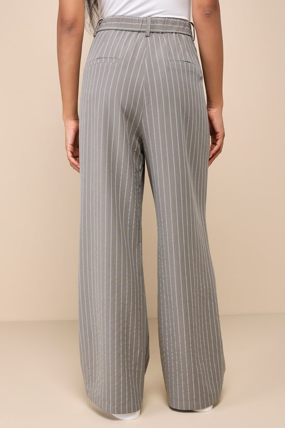 Shop Lulus Executive Energy Olive Pinstriped High Rise Wide-leg Pants In Green