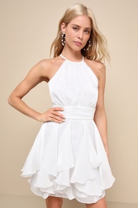 Abundant Radiance Shiny White Organza Ruffled Mini Dress