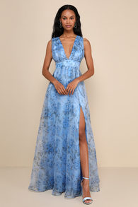 Garden of Passion Blue Floral Print Organza Maxi Dress