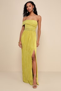 Poised Performance Chartreuse Plisse One-Shoulder Maxi Dress 1