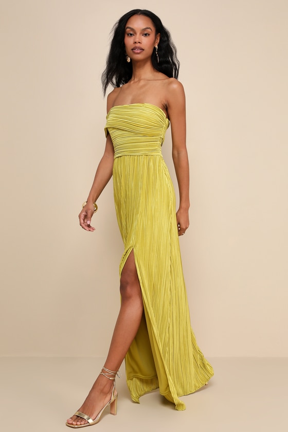 Lulus Poised Performance Chartreuse Plisse One-shoulder Maxi Dress In Green