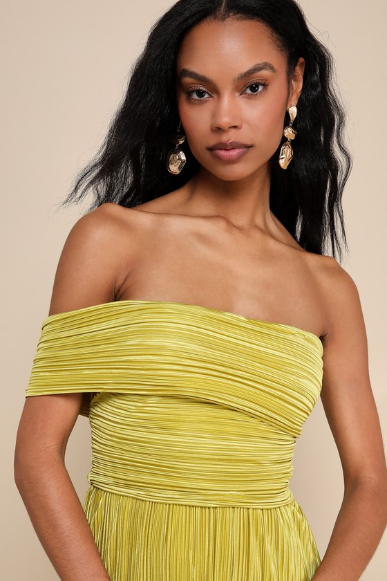 Product image for Poised Performance Chartreuse Plisse One-Shoulder Maxi Dress