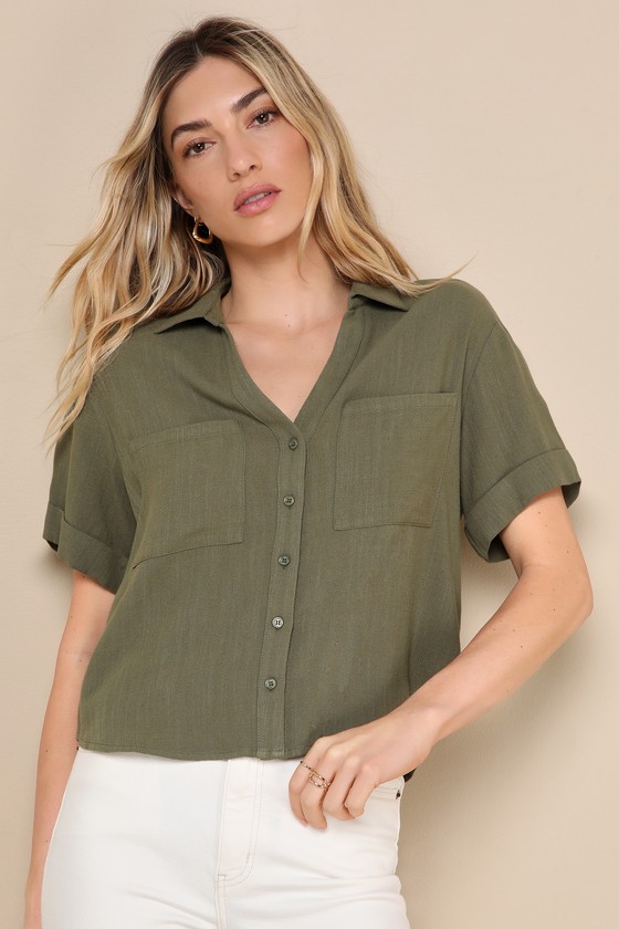 LULUS SUMMER ESCAPADES OLIVE GREEN LINEN COLLARED BUTTON-UP TOP