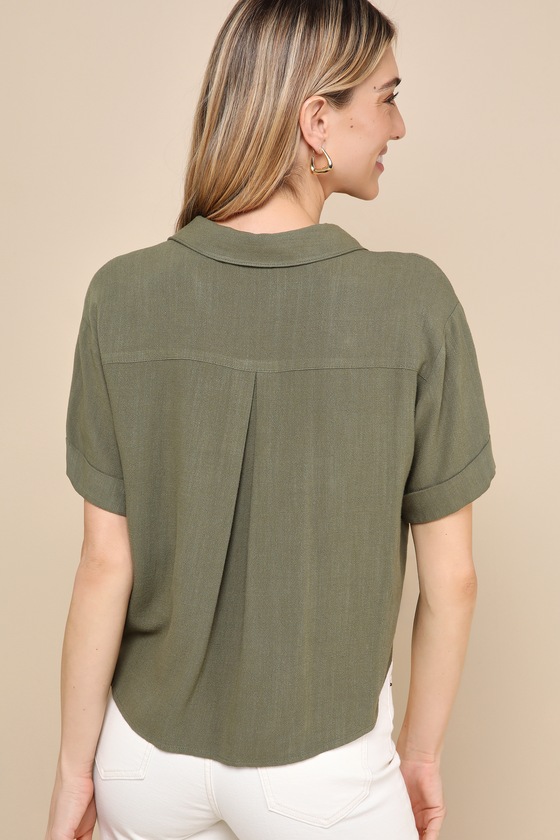 LULUS SUMMER ESCAPADES OLIVE GREEN LINEN COLLARED BUTTON-UP TOP