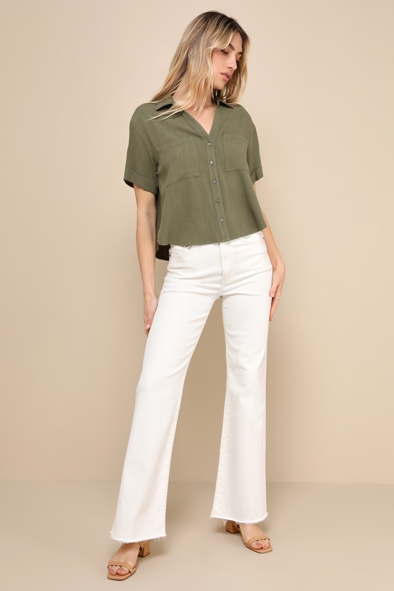 LULUS SUMMER ESCAPADES OLIVE GREEN LINEN COLLARED BUTTON-UP TOP