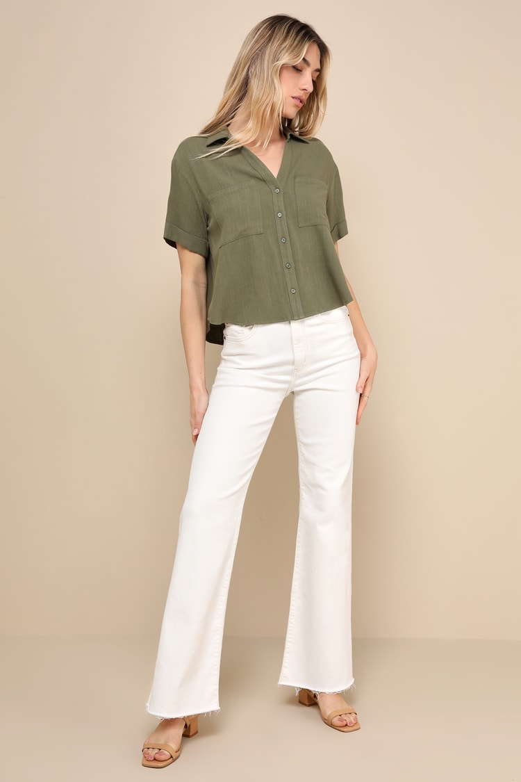 Summer Escapades Olive Green Linen Collared Button-Up Top