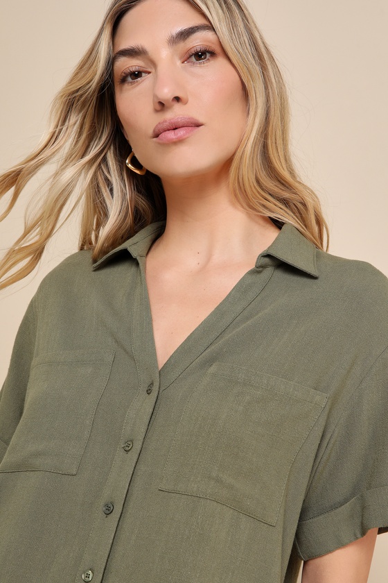 LULUS SUMMER ESCAPADES OLIVE GREEN LINEN COLLARED BUTTON-UP TOP