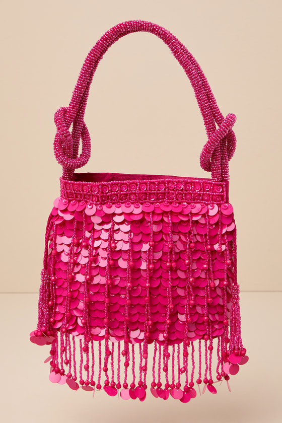 Shop Lulus Iconic Idea Hot Pink Beaded Sequin Fringe Handbag