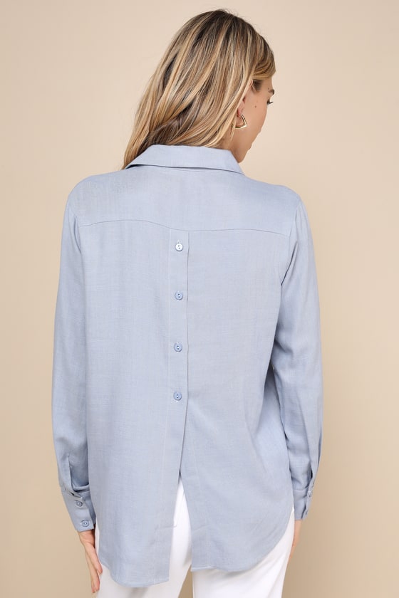 LULUS NOTABLE AESTHETIC LIGHT BLUE LINEN COLLARED BUTTON-UP TOP