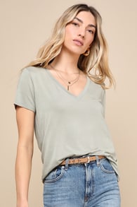 Adyn Heather Sage Green V-Neck Short Sleeve Tee 1