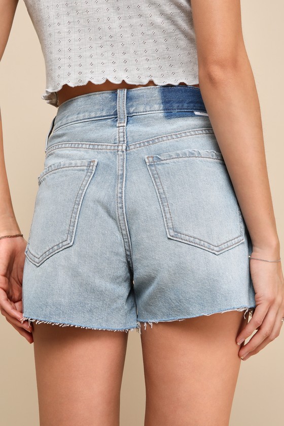 Shop Daze Denim Troublemaker Light Wash Denim Distressed High-rise Shorts In Blue