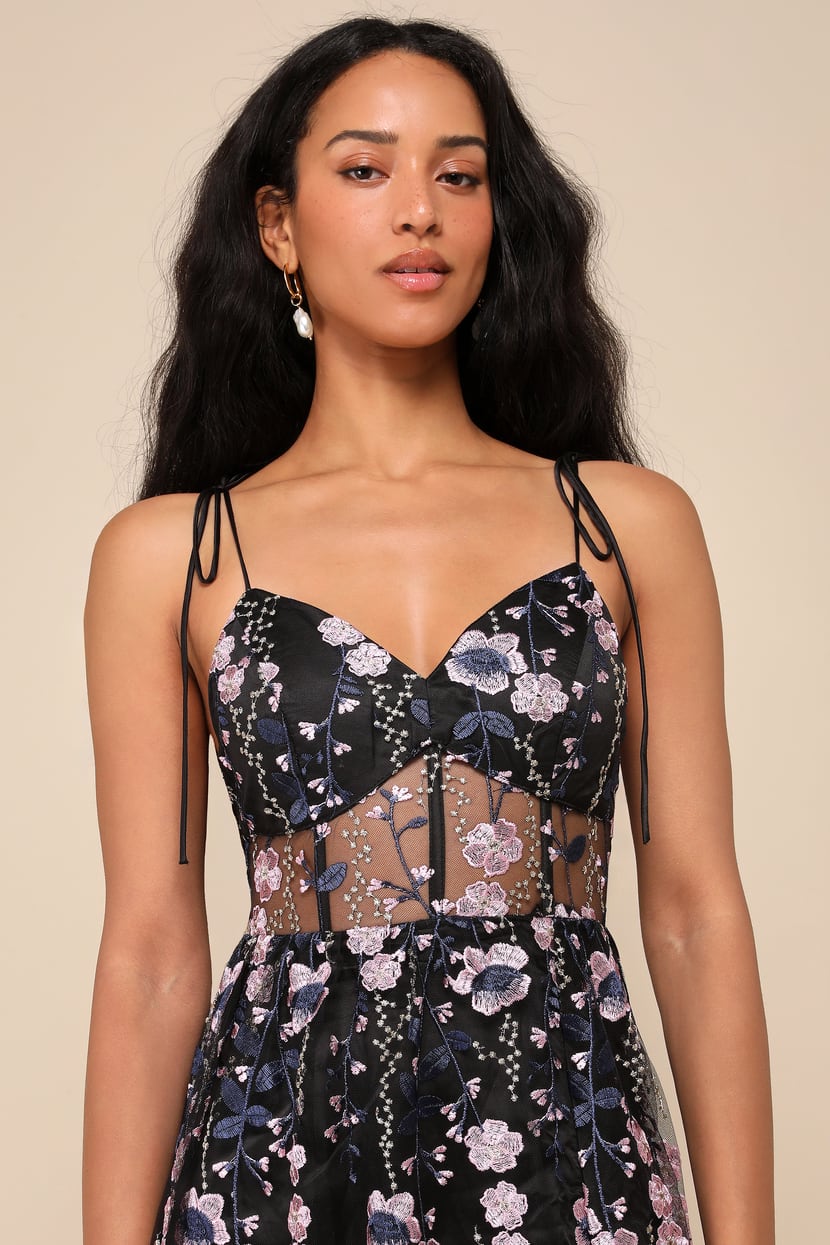 sachin and babi light blue dress Black Embroidered Dress - Tie-Strap Dress - Bustier Maxi Dress