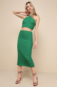 Dream Getaway Green Textured Knit Two-Piece Halter Midi Dress