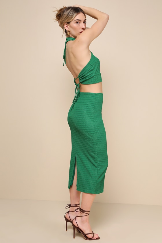 Shop Lulus Dream Getaway Green Textured Knit Two-piece Halter Midi Dress