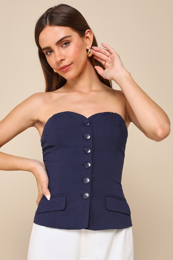 Lulus Flawlessly Preppy Navy Blue Strapless Button-up Vest Top
