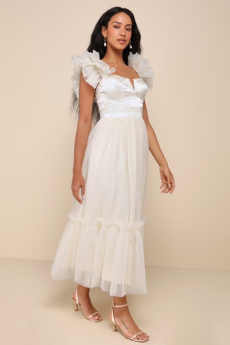 Angelic Radiance Cream Tulle Ruffled Off-the-Shoulder Midi Dress