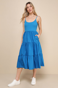 Lovable Cutie Blue Sleeveless Tiered Midi Dress With Pockets