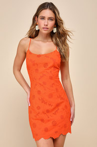 Sunny Glow Orange Embroidered Floral Sleeveless Mini Dress
