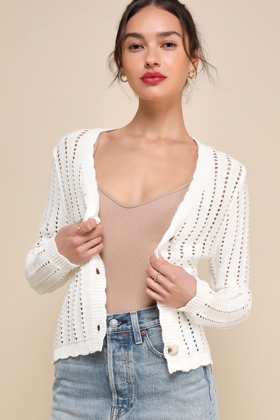 Layered Mood White Loose Knit Button-Up Cardigan Sweater 1