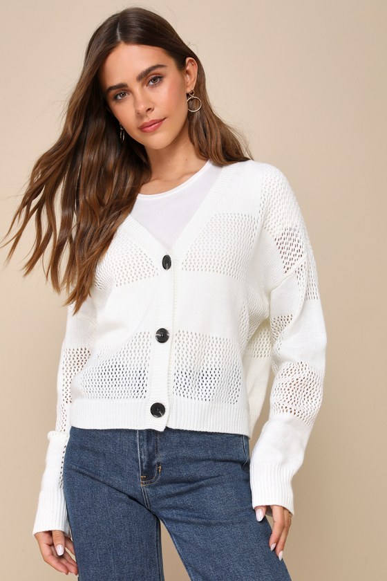 Lulus Charmingly Comfy Ivory Checkered Pointelle Long Sleeve Cardigan