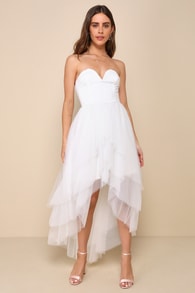 Precious Angel White Mesh Strapless High-Low Maxi Dress