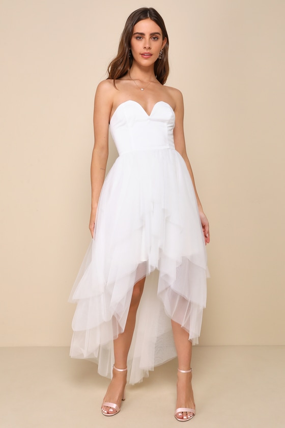 White Mesh Dress - Strapless Midi Dress - Tiered High-Low Dress - Lulus